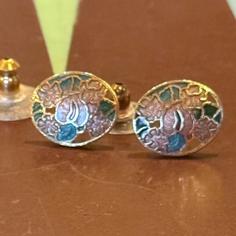 Vintage Enamel Cloisonné Gold, Pink, and Green Floral Post Earrings